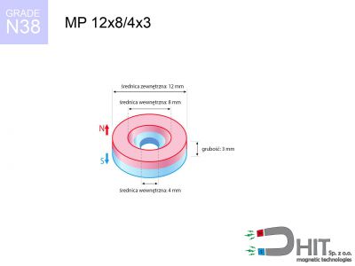 MP 12x8/4x3 N38 magnes pierścieniowy