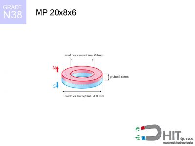 magnes neodymowy pierścieniowy MP 20x8x6 N38  MP 20x8x6 N38 magnes neodymowy pierścieniowy