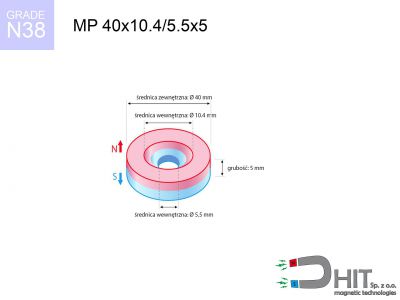 magnes neodymowy pierścieniowy MP 40x10.4/5.5x5 N38  MP 40x10.4/5.5x5 N38 magnes neodymowy pierścieniowy