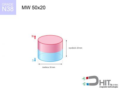 magnes neodymowy walcowy MW 50x20 N38  MW 50x20 N38 magnes neodymowy walcowy