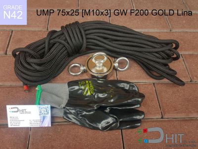 UMP 75x25 [M10x3] GW F200 GOLD Lina N42 - magnesy neodymowe do szukania w wodzie